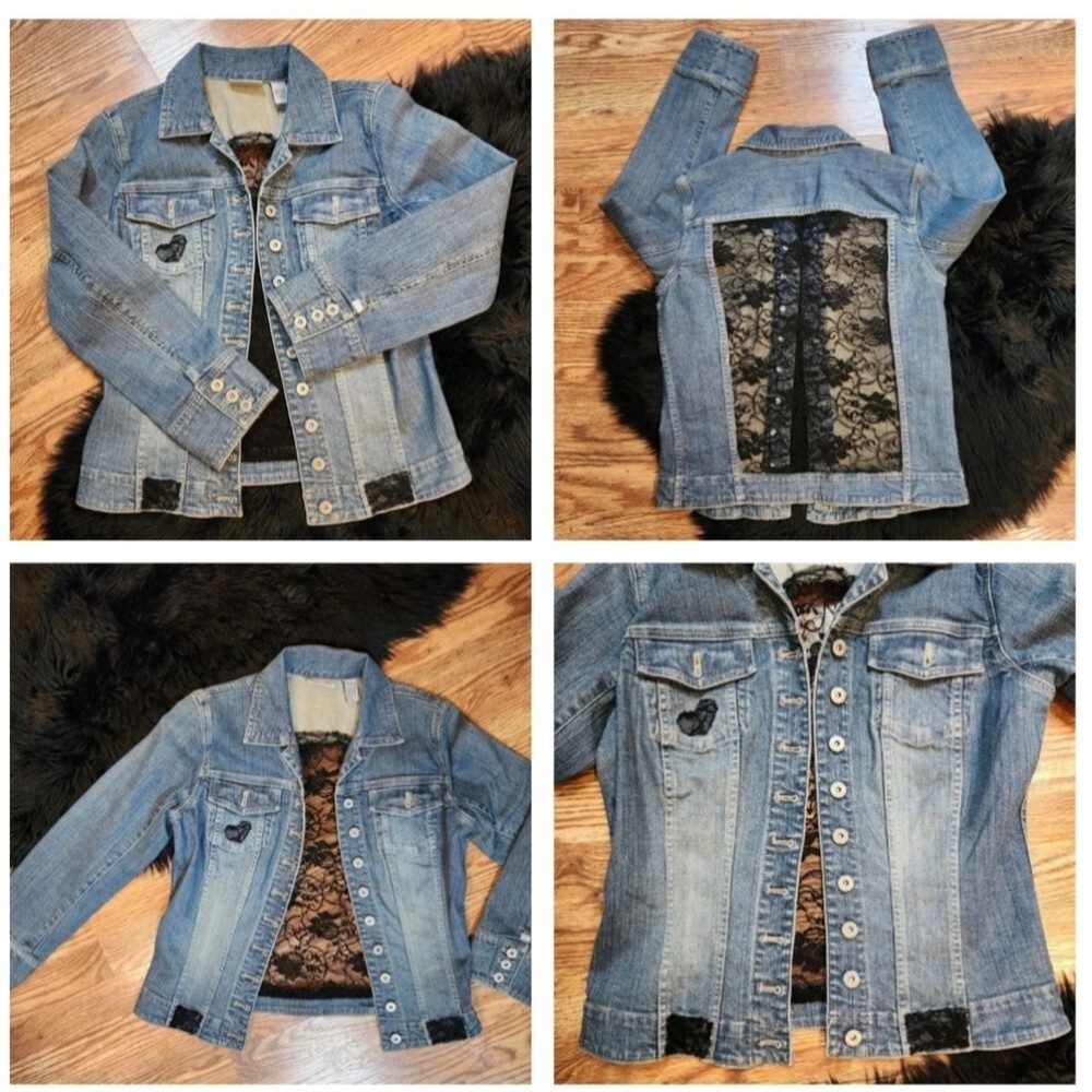 Hand Crafted One of a Kind Upcycled Jean Jacket Chico's Platinum Size 0